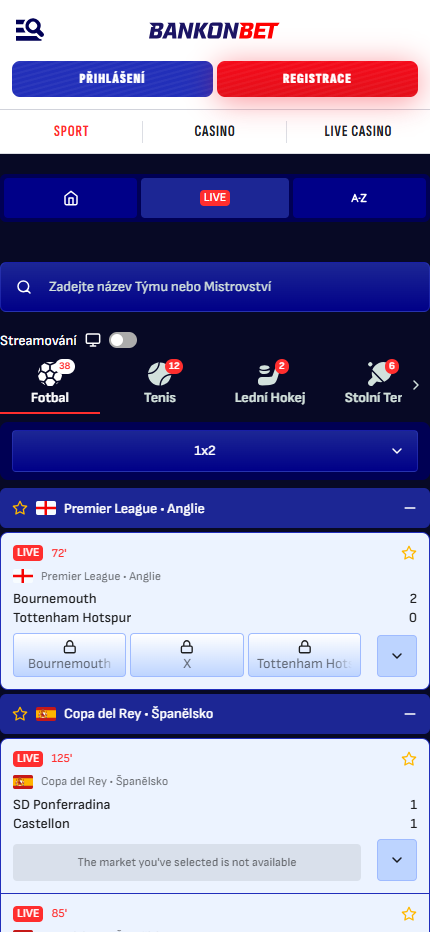 Bankonbet Bookmaker Live Sport Betting Czech (mobile screen), sazkovekancelare.tv