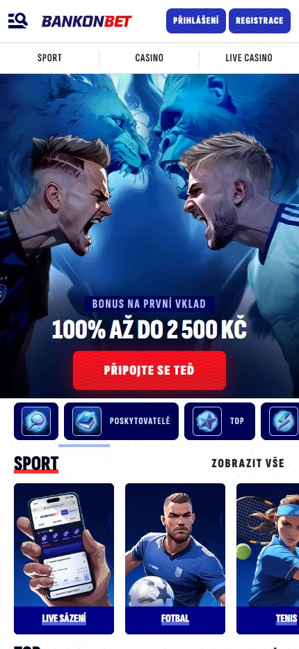 Bankonbet Bookmaker Main Page Czech (mobile screen), sazkovekancelare.tv