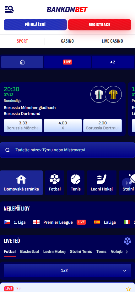 Bankonbet Bookmaker Sport Betting Czech (mobile screen), sazkovekancelare.tv
