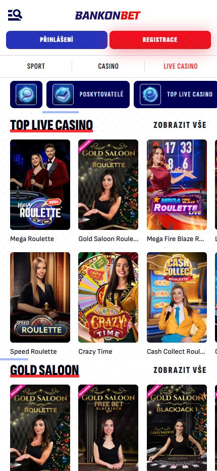 Bankonbet Live Casino Czech (mobile screen)