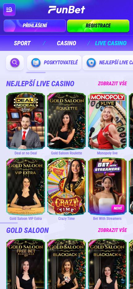 Funbet Live Casino Czech (mobile screen), sazkovekancelare.tv