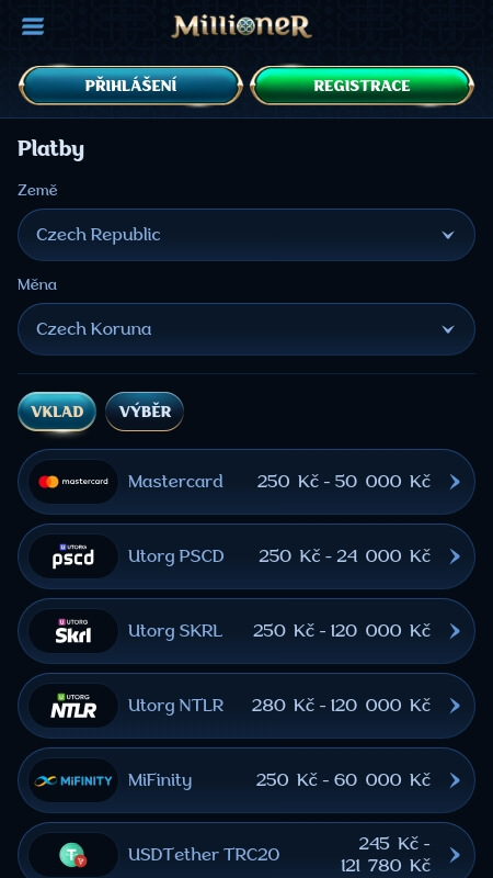 Millioner payment options CZ