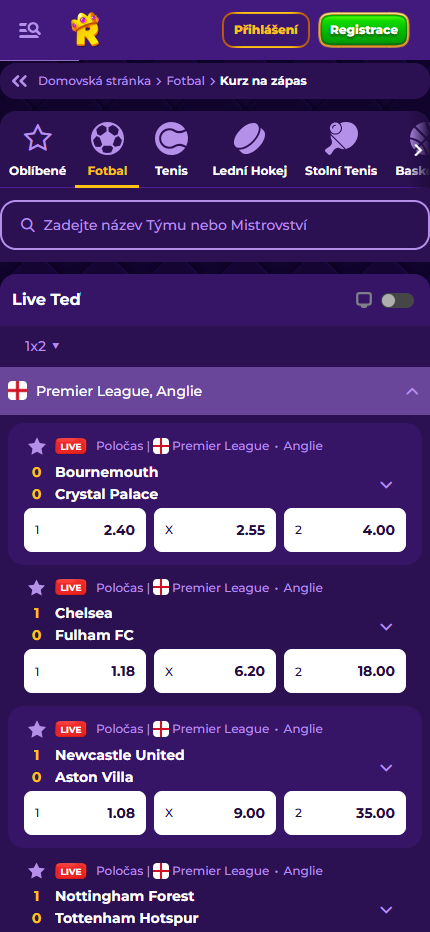 Royal Game Bookmaker Live Betting (Mobile screen)