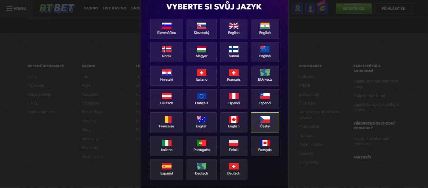 RTBet Bookmaker available languages (Čeština), sazkovekancelare.tv