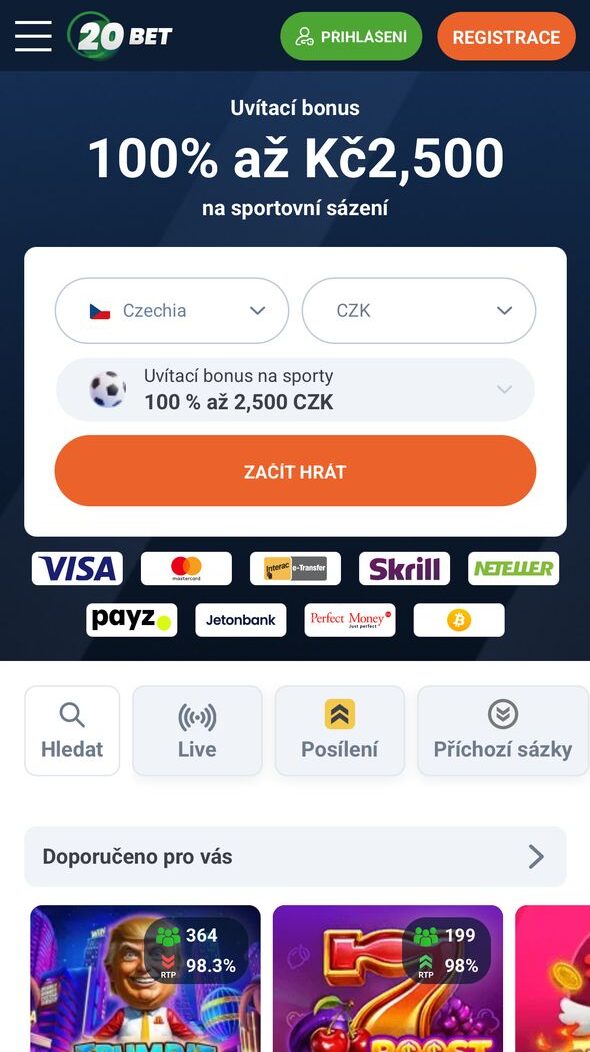 Mobilní aplikace 20Bet pro Android