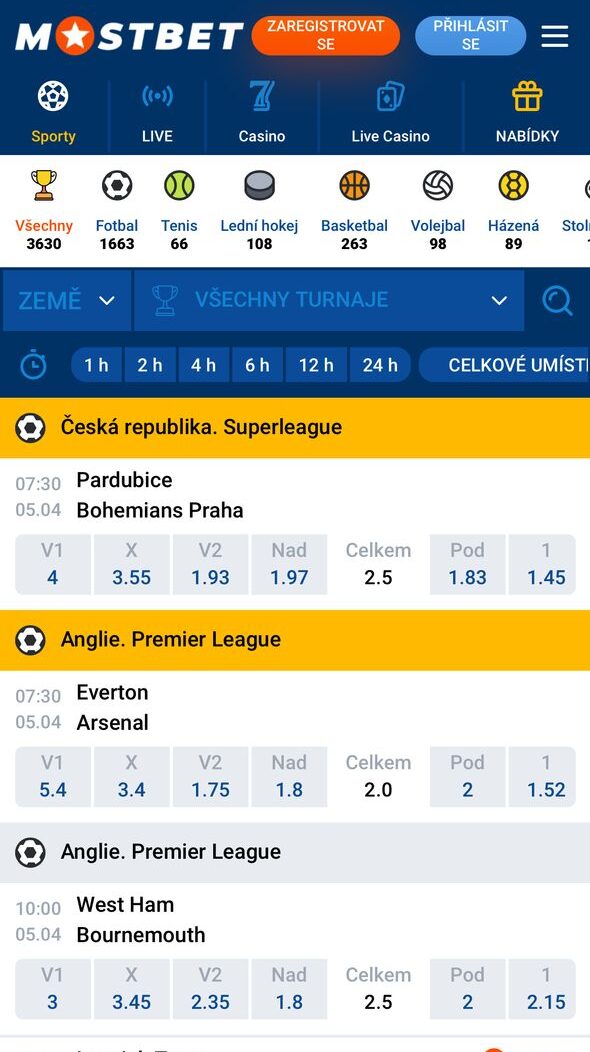 Mostbet sports betting page