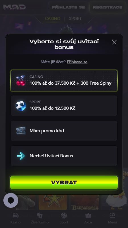 Vytvoření účtu v MadCasino