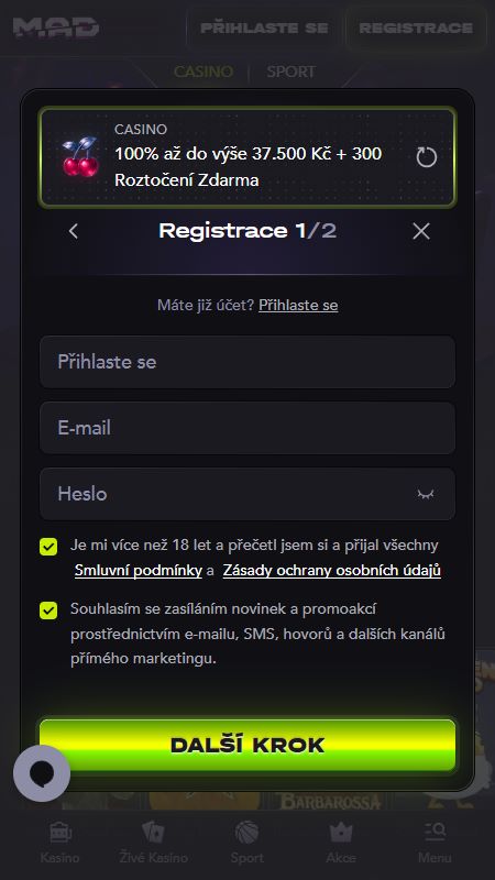 Vytvoření účtu v MadCasino