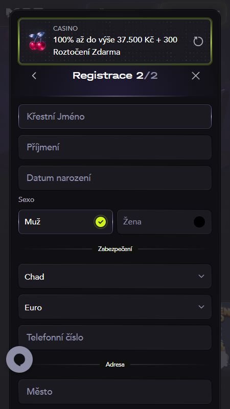 Vytvoření účtu v MadCasino