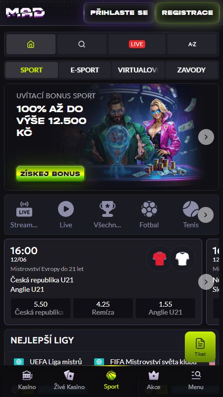 Sekce online sportovních sázek v MadCasino