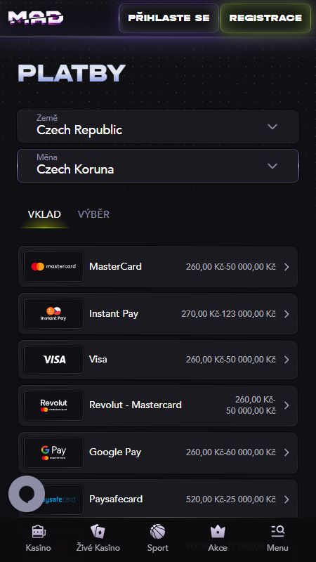 Sekce způsobů platby v MadCasino