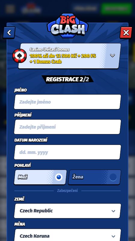 Vytvoření účtu v BigClash