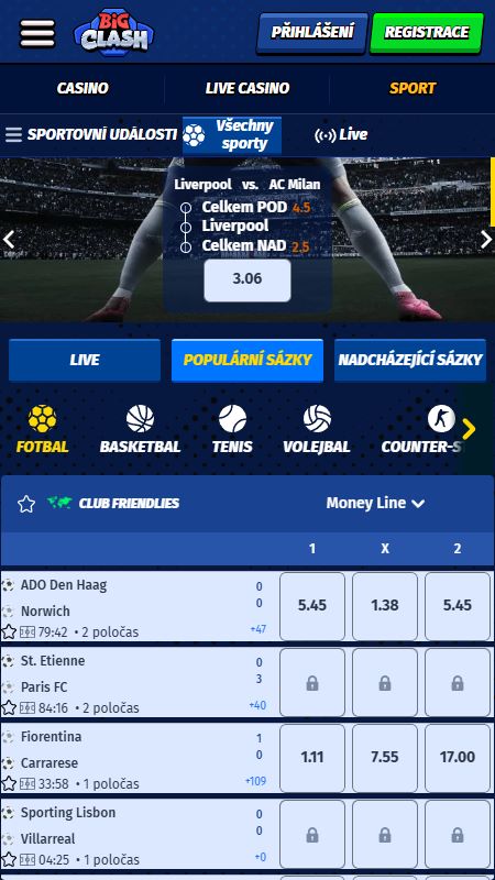 Sekce online sportovních sázek v BigClash