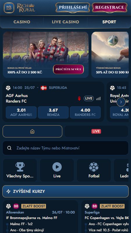 Sekce online sportovních sázek v RichRoyal