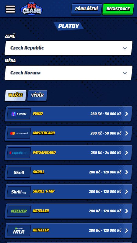 Sekce způsobů platby v BigClash