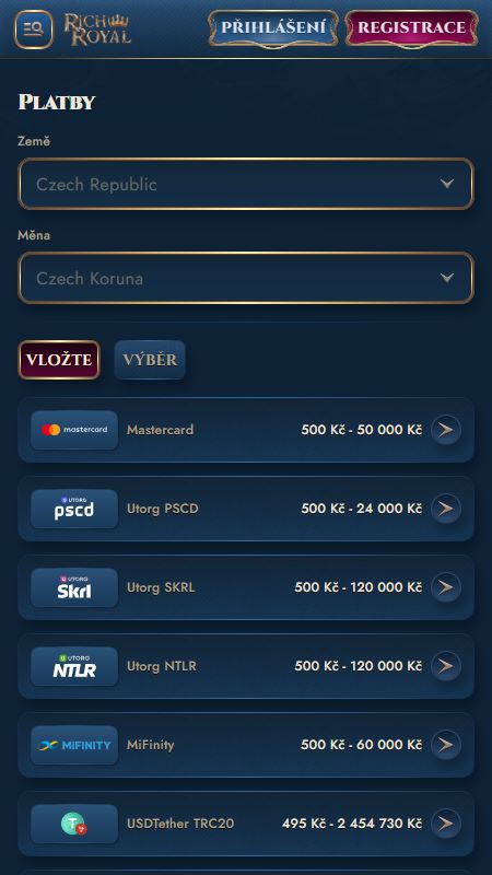 Sekce způsobů platby v RichRoyal