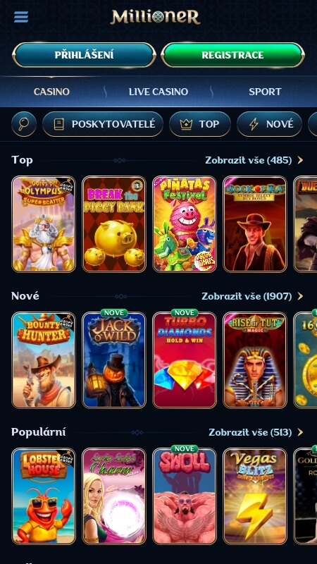Millioner casino page with games