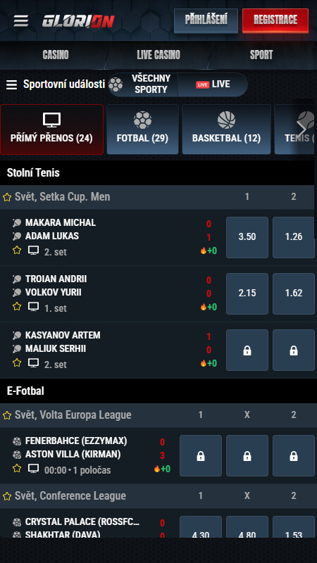 Sportovní live sázky na Glorion
