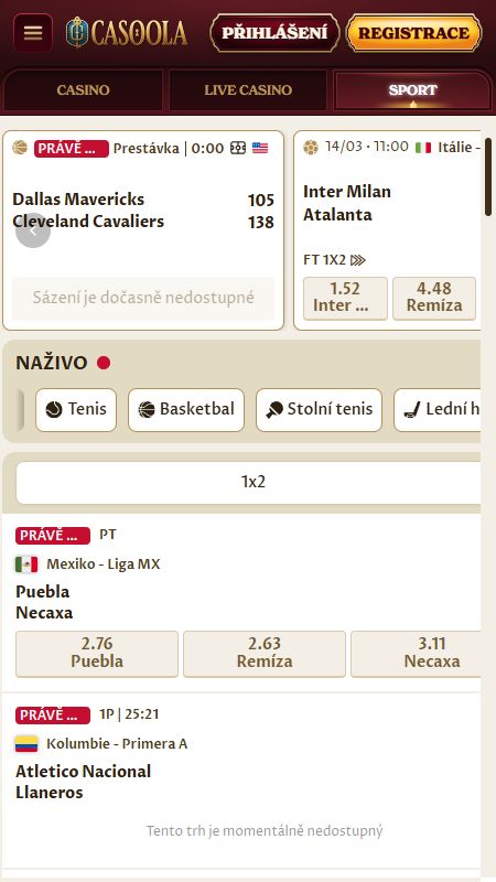 Sekce online sportovních sázek v Casoola