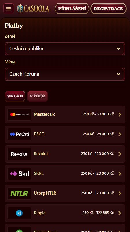 Sekce způsobů platby v Casoola