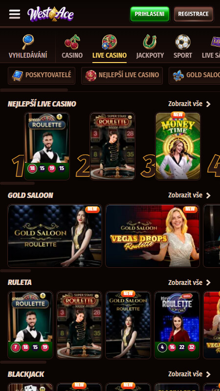 Rozhraní live kasina WestAce