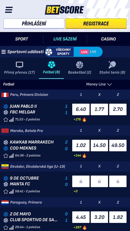 Rozhraní live sázek Betscore