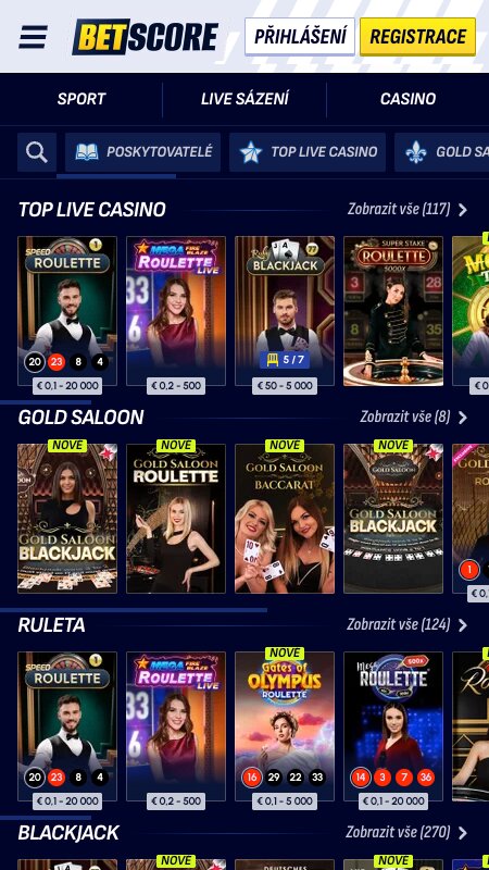 Rozhraní live kasina Betscore