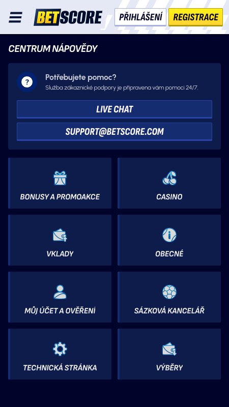 Centrum nápovědy na Betscore