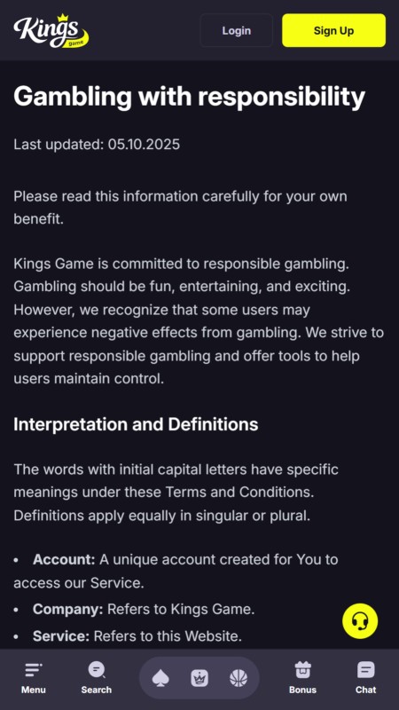 Kings.Game responsible gambling